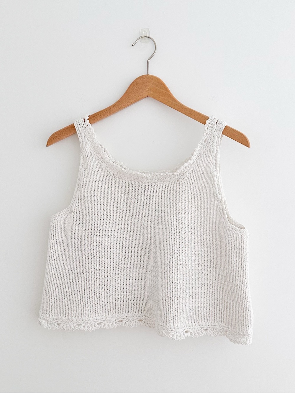 Vintage White Cotton Knit Sweater Tank Crochet Trim Cottagecore Coastal Size M